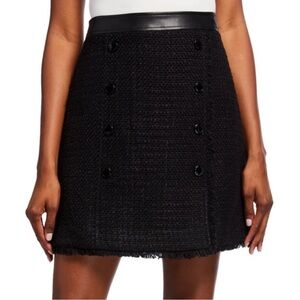 Karl Lagerfeld Black Tweed Faux Leather Trim Fringe Mini Skirt Size 4